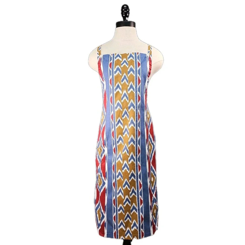 Ikat Bib Apron With Bandana Head Scarf, Red Mustard Blue, Unbranded